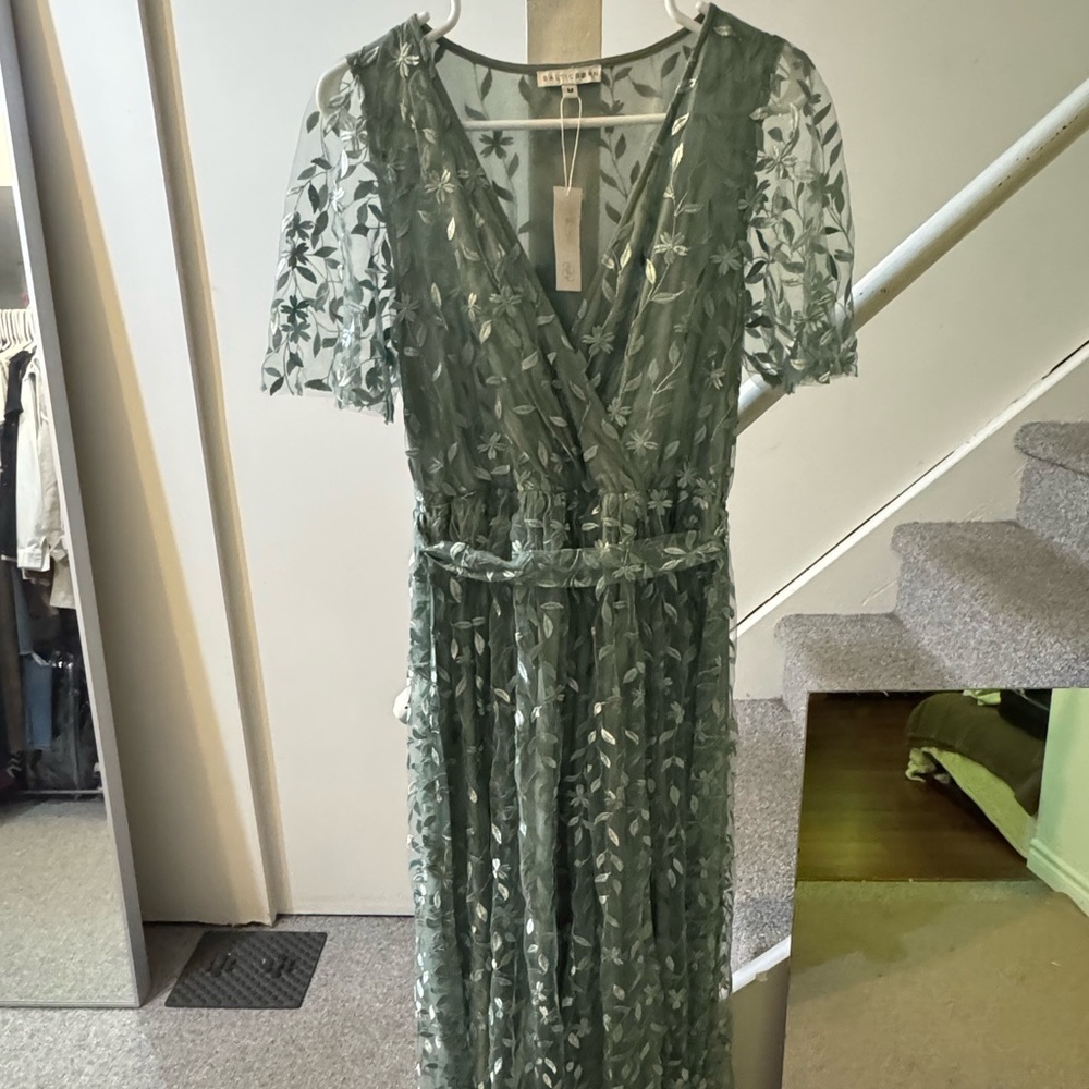 BONDI BORN Green Embellished Flutter Sleeve Gown